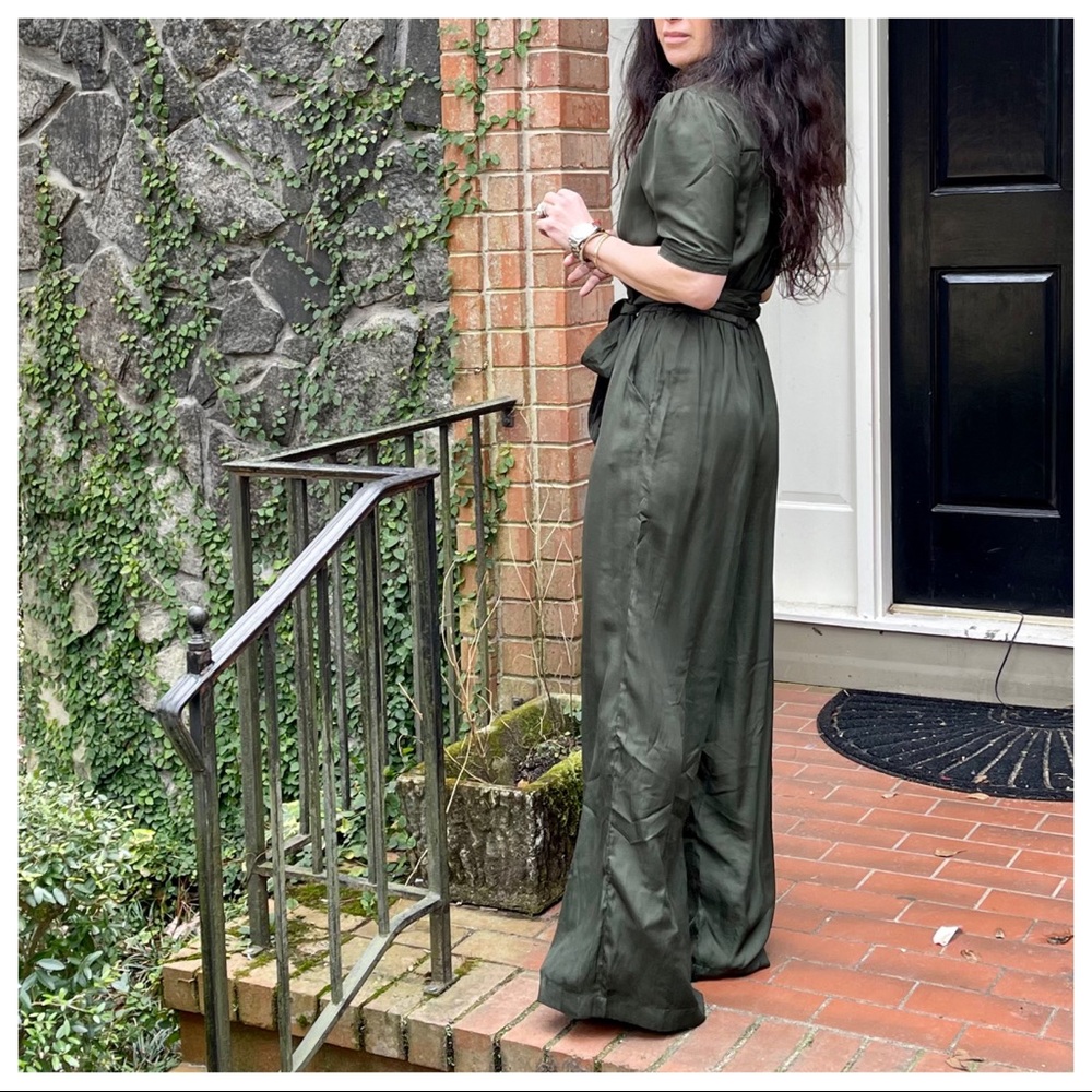 #05 Fabulous Dark Olive wrap front wide leg jumpsuit - Picture 4 of 7